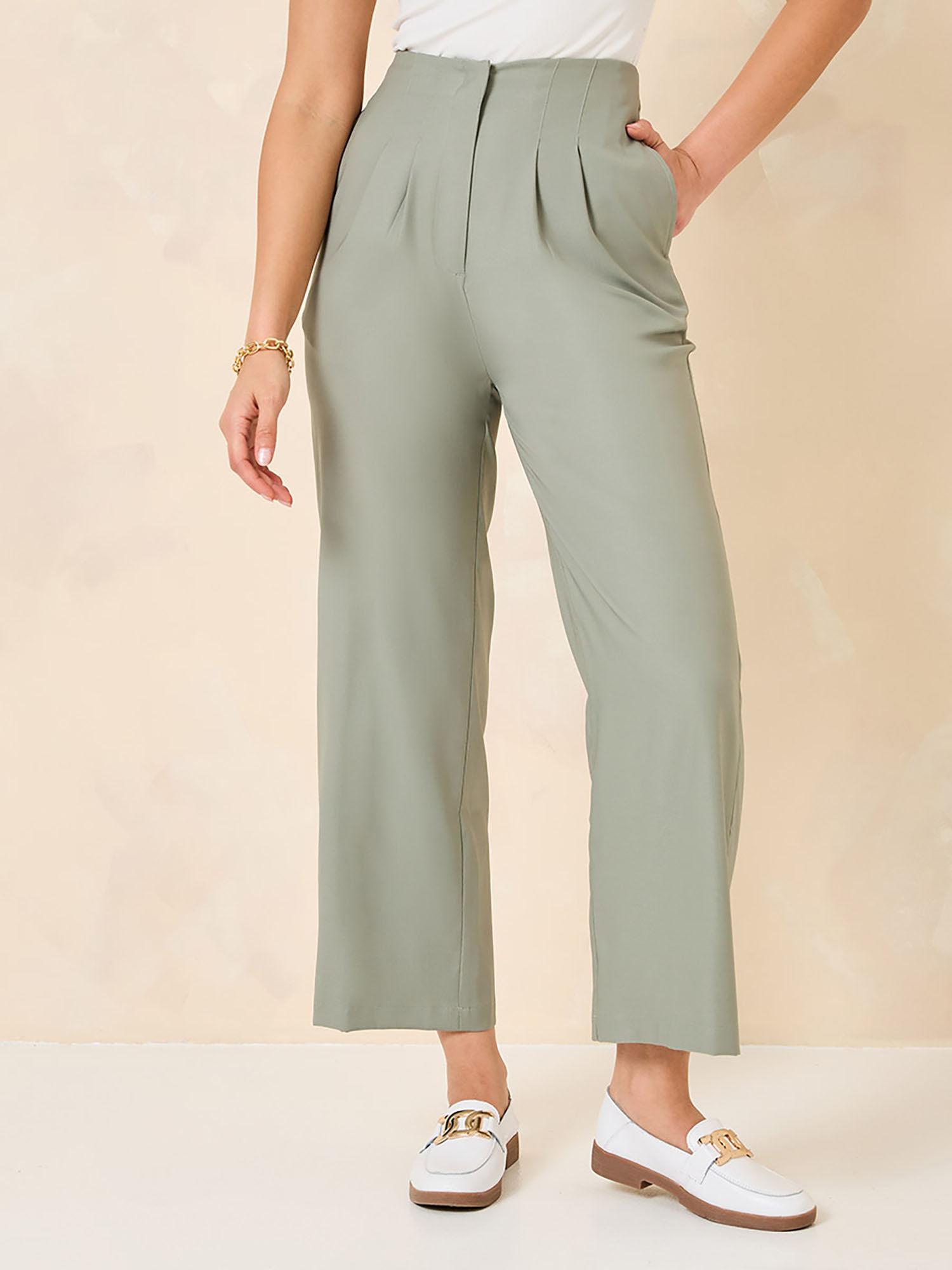 women solid pants olive green