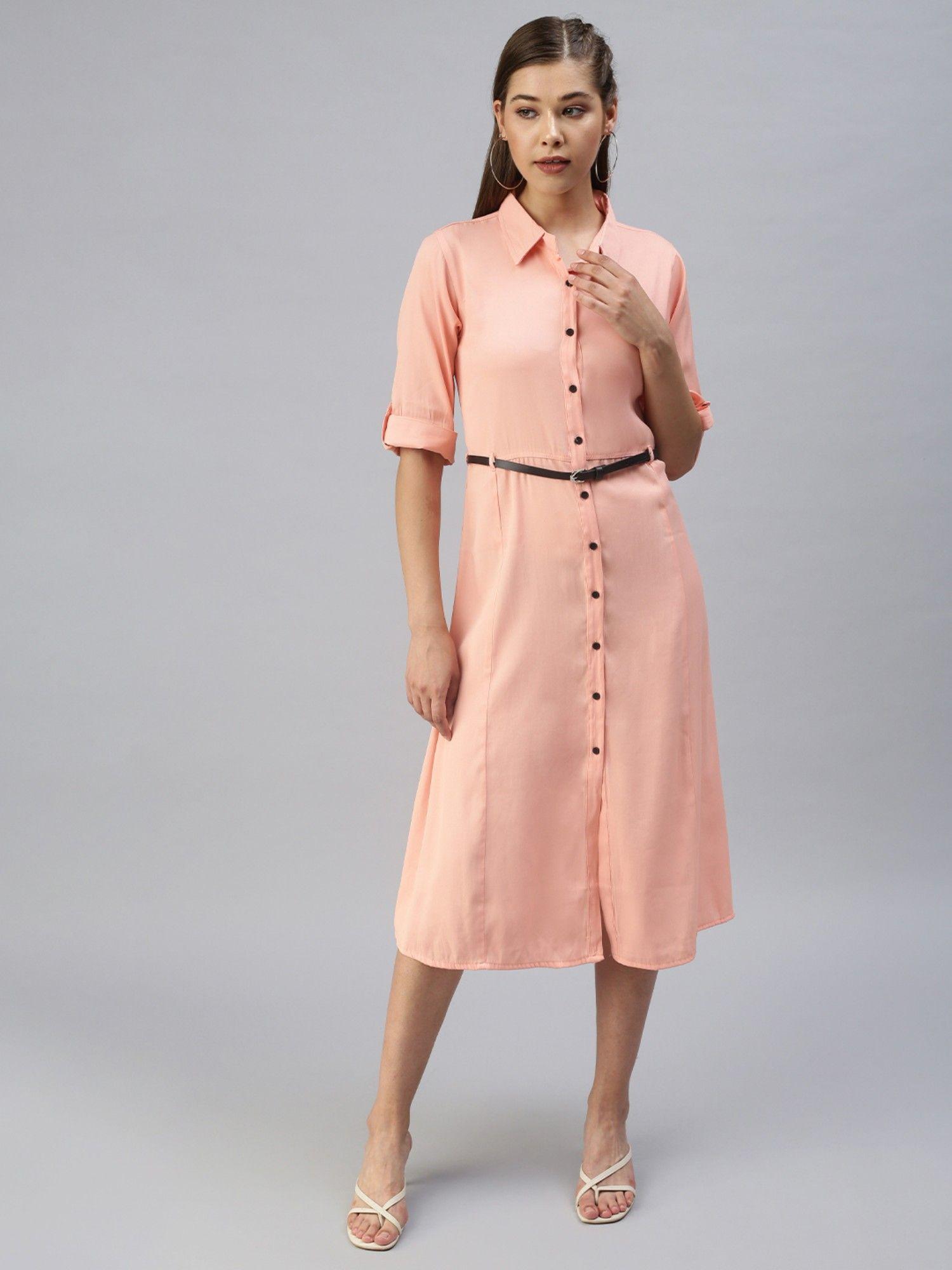 women solid peach shirt dress