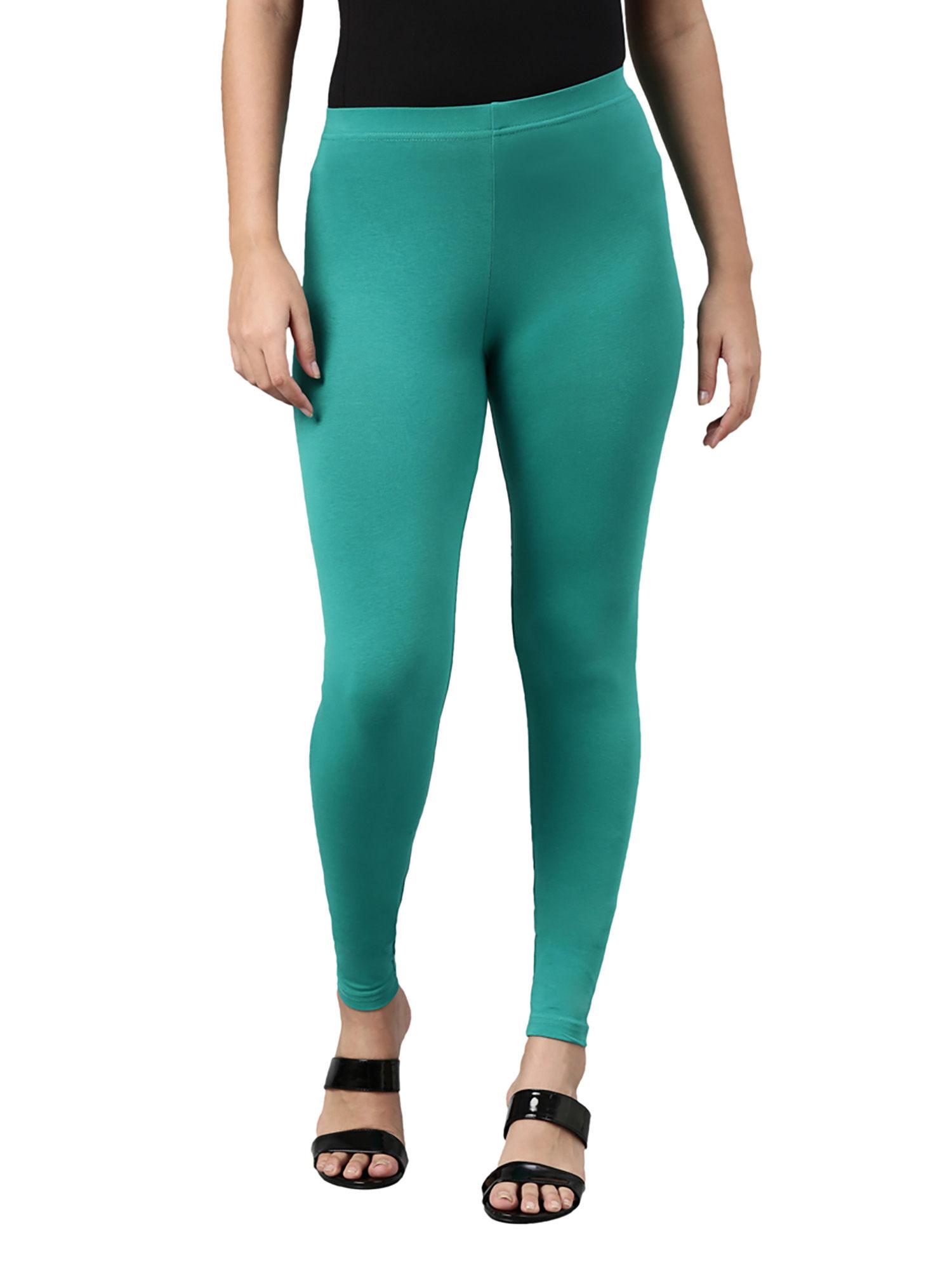 women solid peacock green ankle length leggings