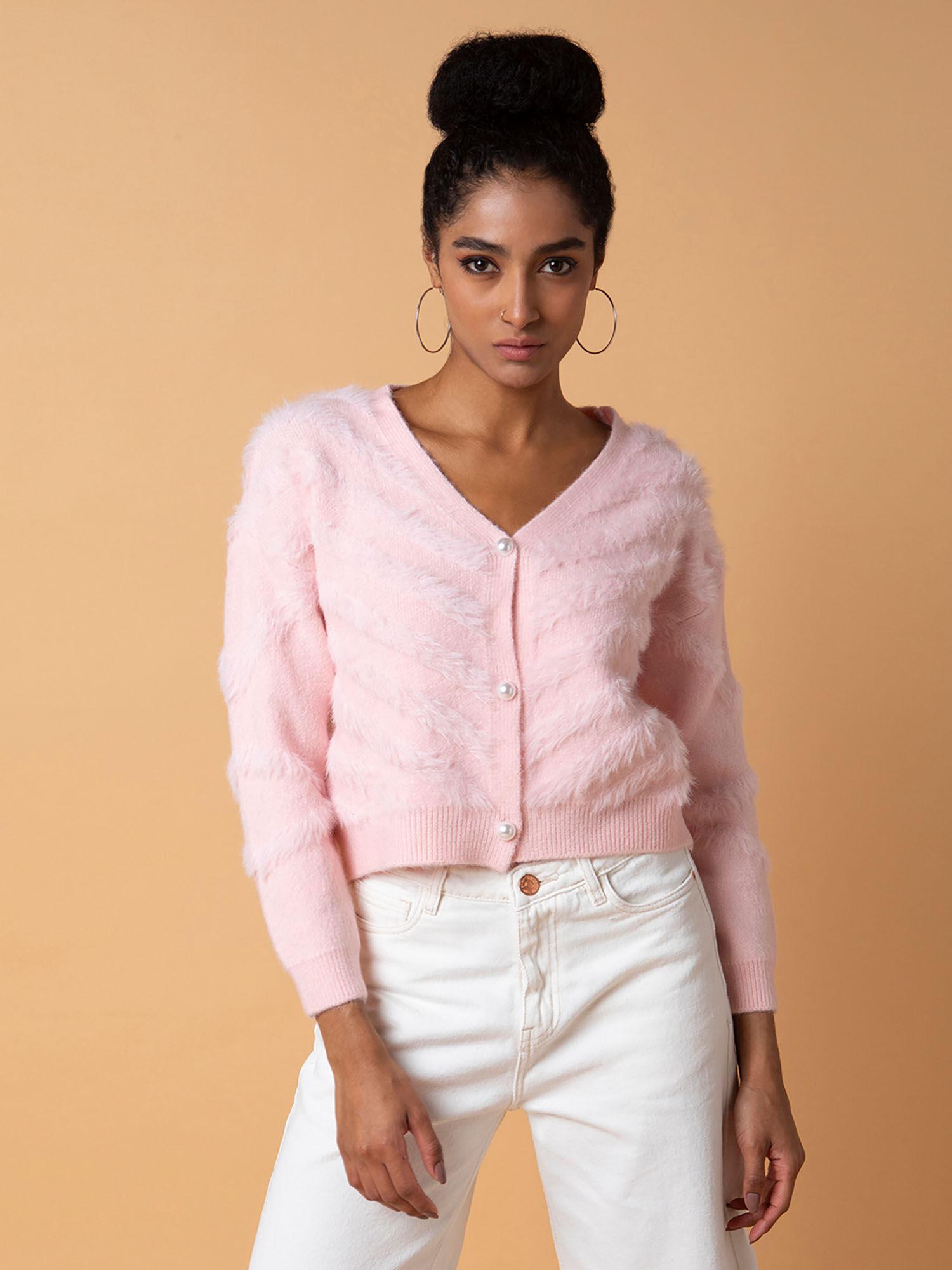 women solid pink cardigan