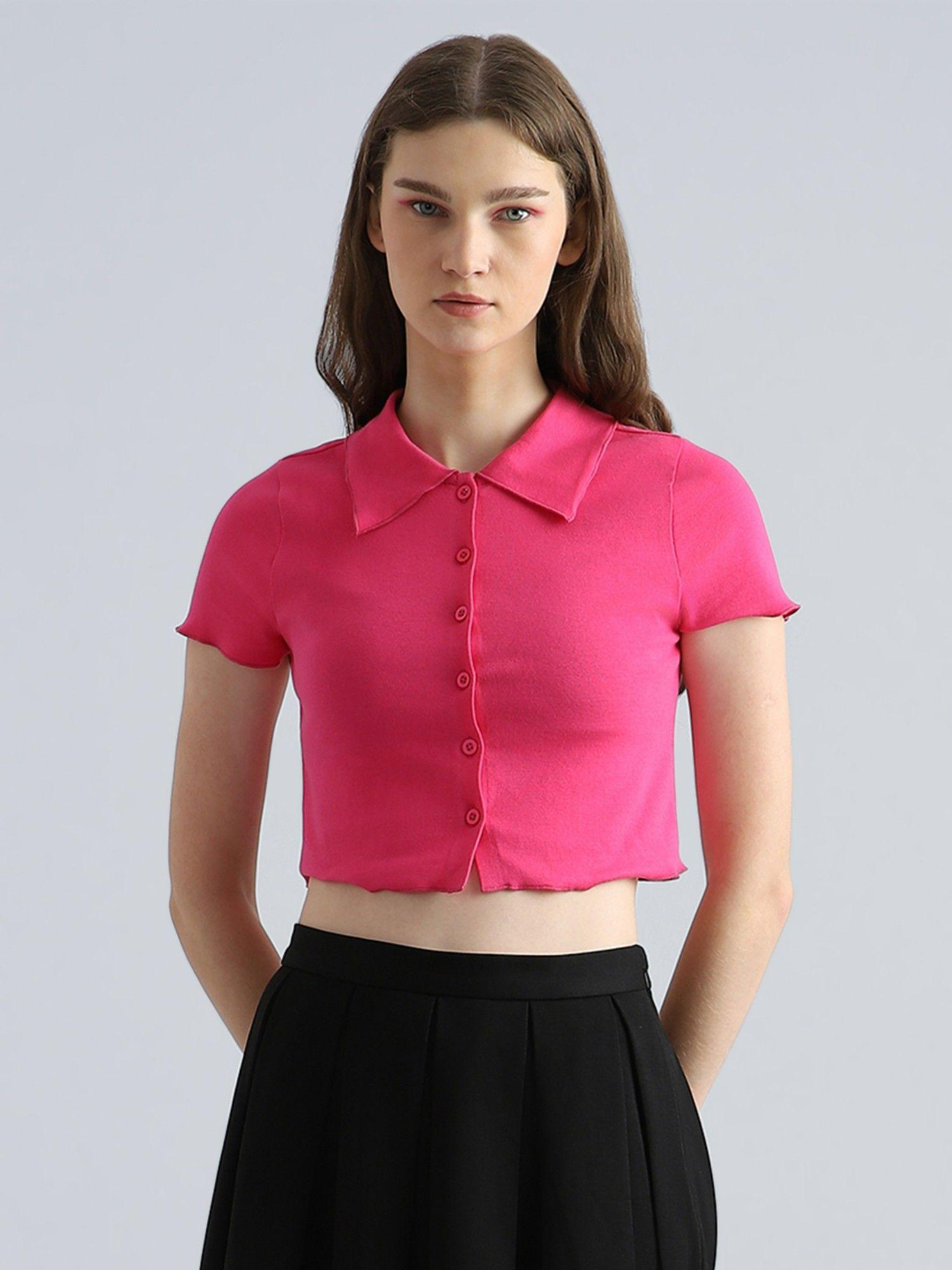 women solid pink crop shirt