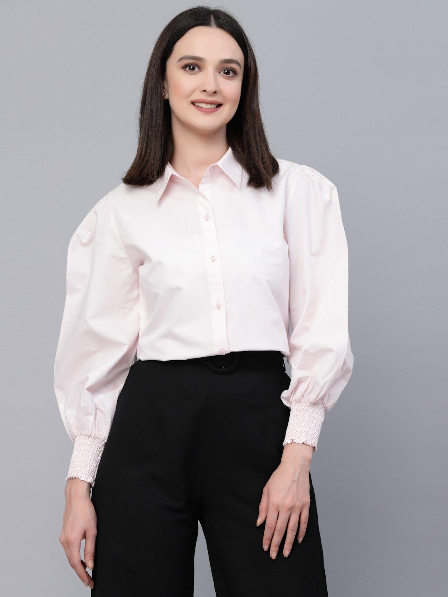 women solid pink polycotton formal shirt