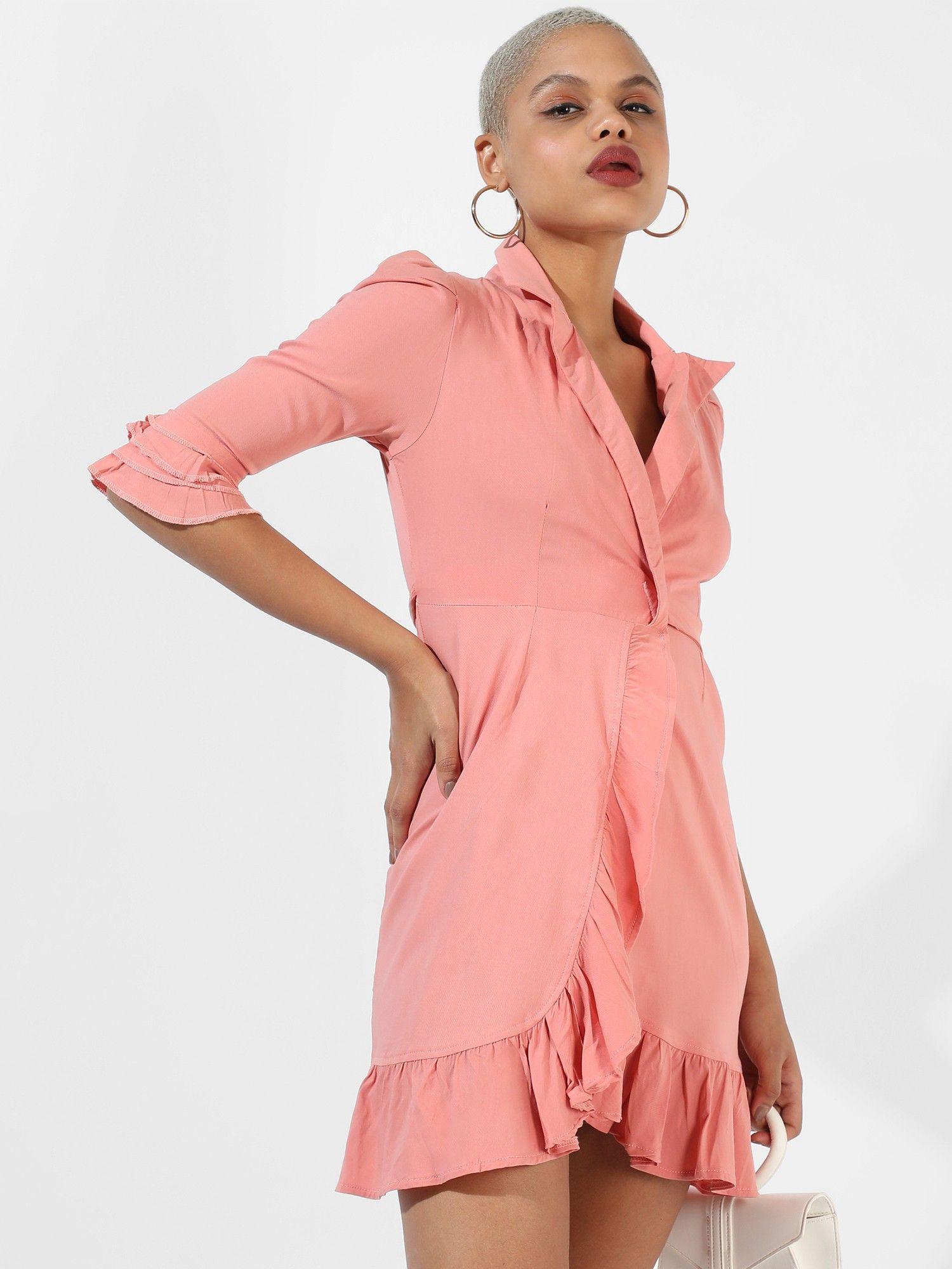 women solid pink regular fit dress