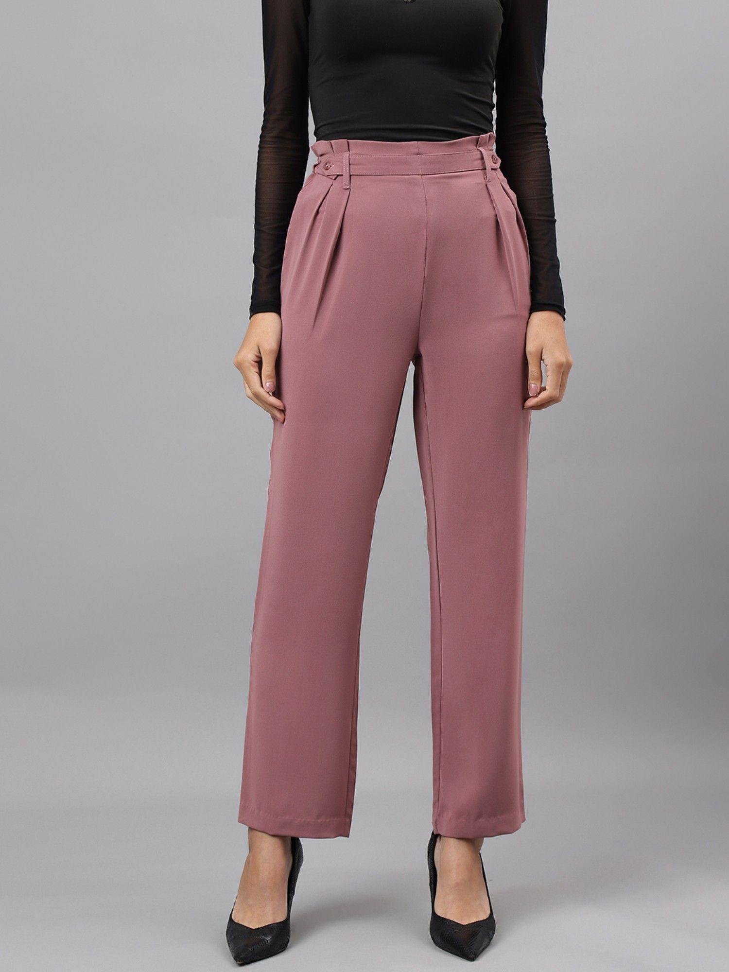 women solid pink straight pant