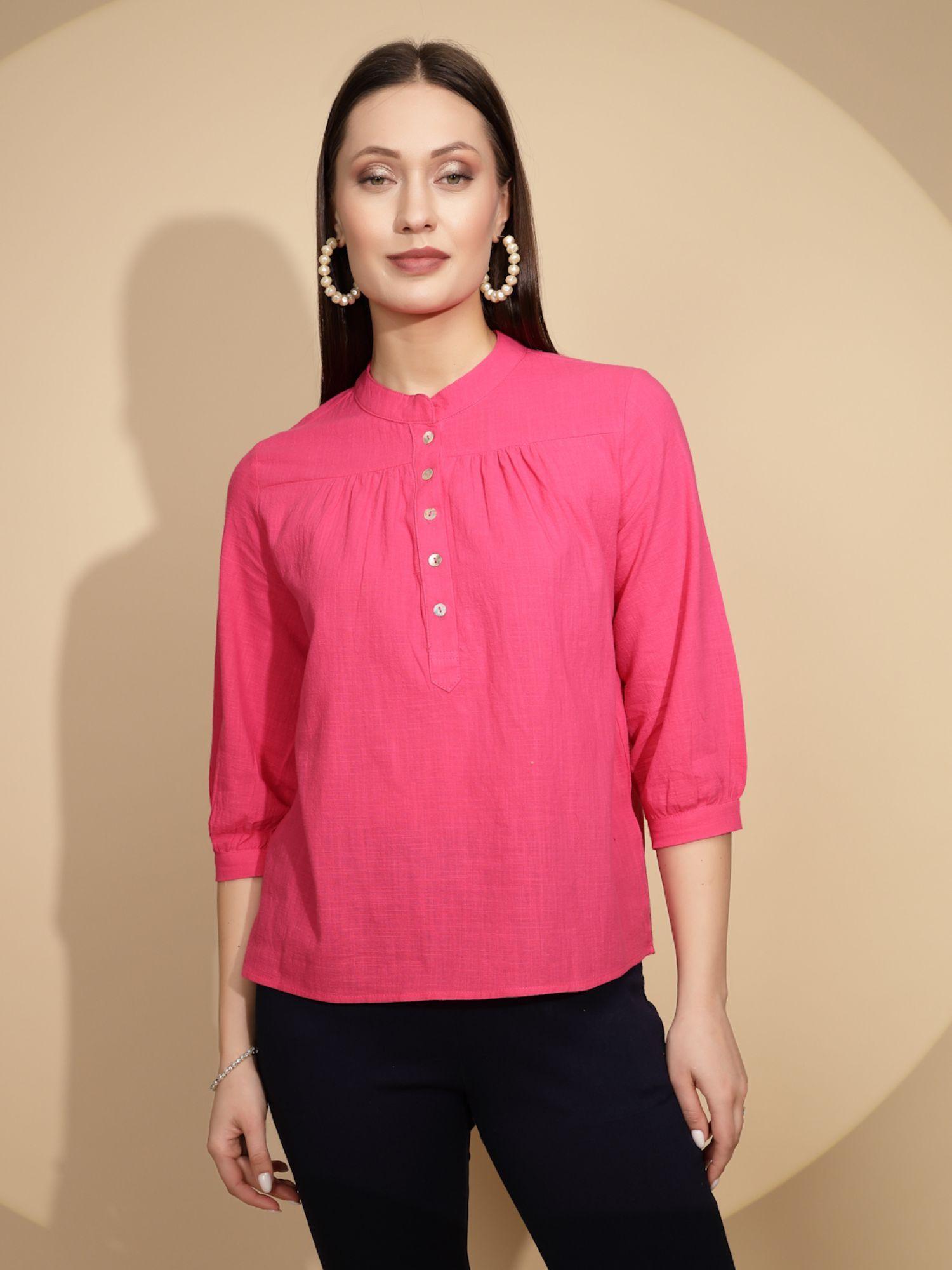 women solid pink three fourth sleeves mandarin neck top