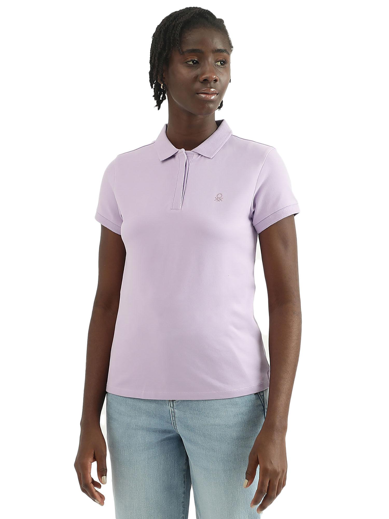 women solid polo collar purple t-shirt