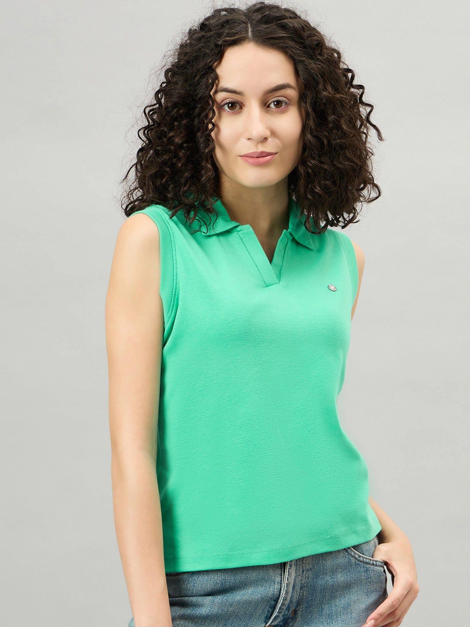 women solid polo collar sleeveless green t-shirt