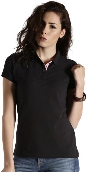 women solid polo neck cotton blend black t-shirt