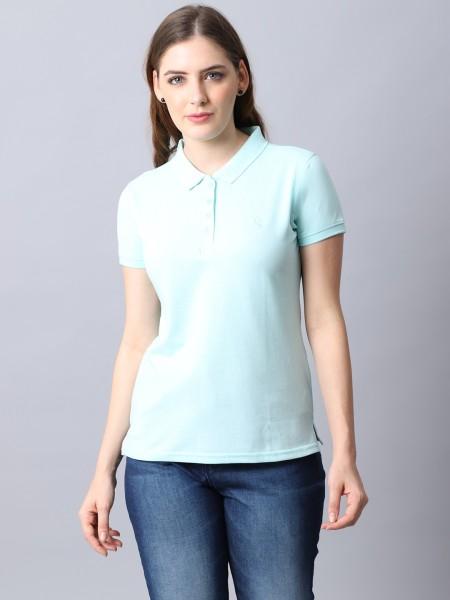 women solid polo neck cotton blend light blue t-shirt