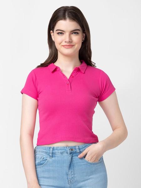 women solid polo neck cotton blend pink t-shirt