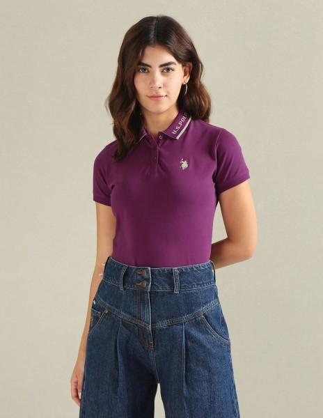 women solid polo neck cotton blend purple t-shirt