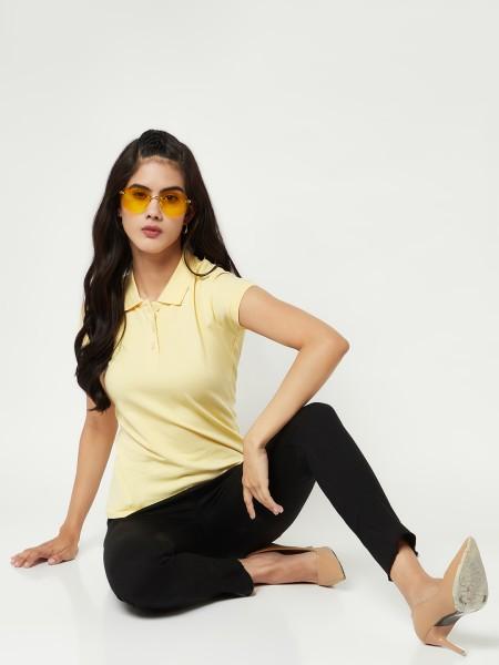 women solid polo neck cotton blend yellow t-shirt