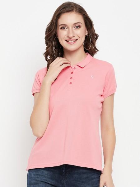 women solid polo neck poly cotton pink t-shirt