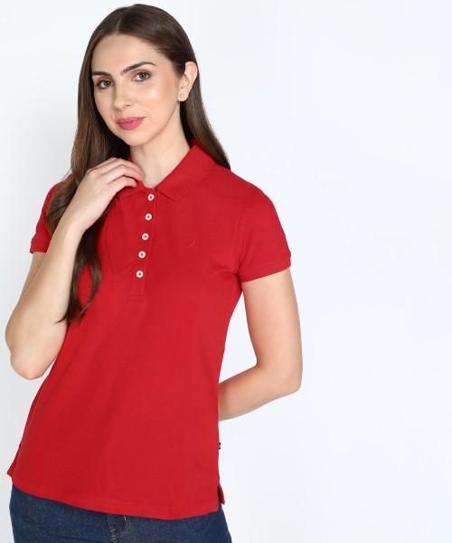 women solid polo neck pure cotton red t-shirt