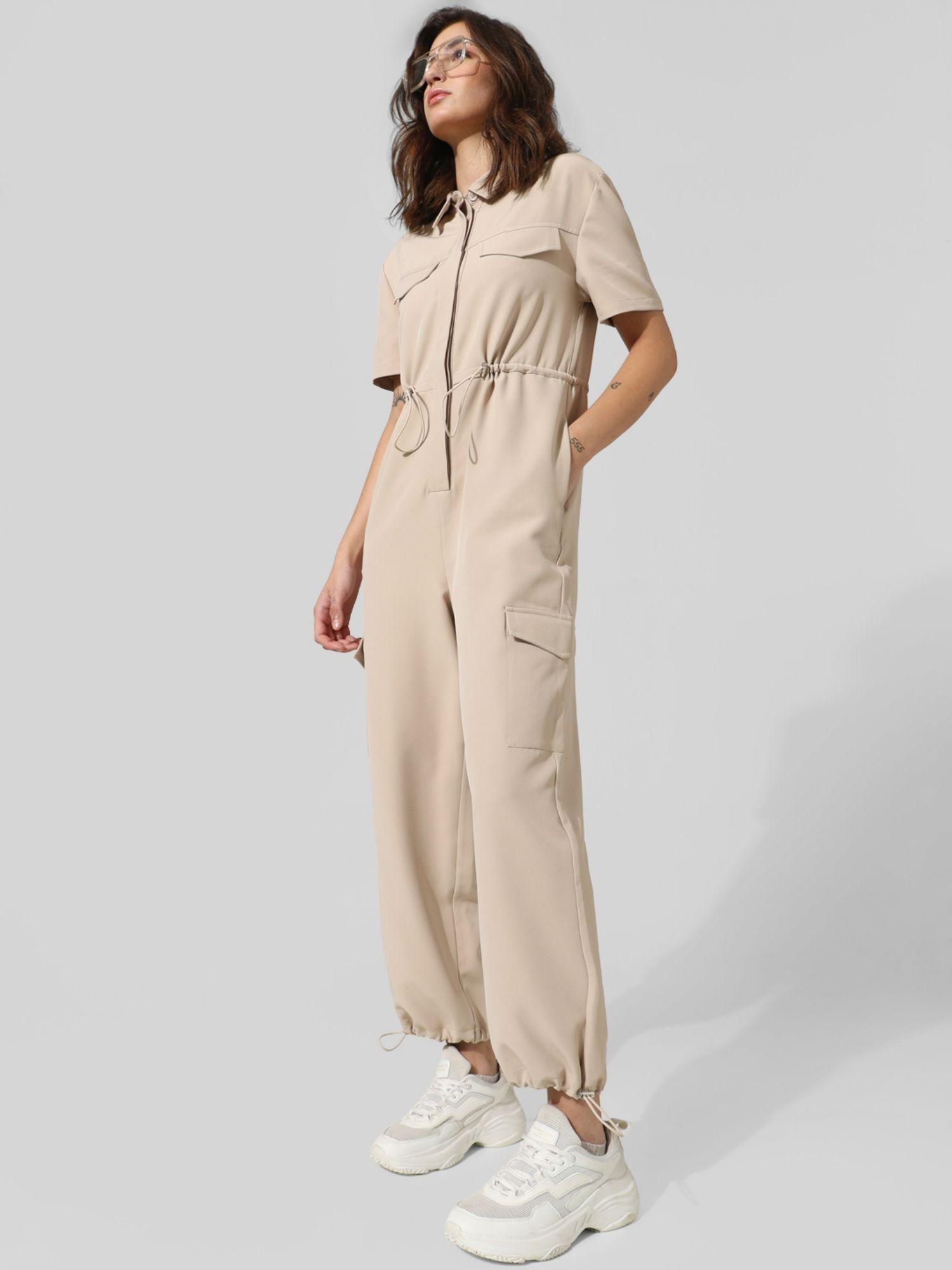 women solid polyester beige jumpsuit