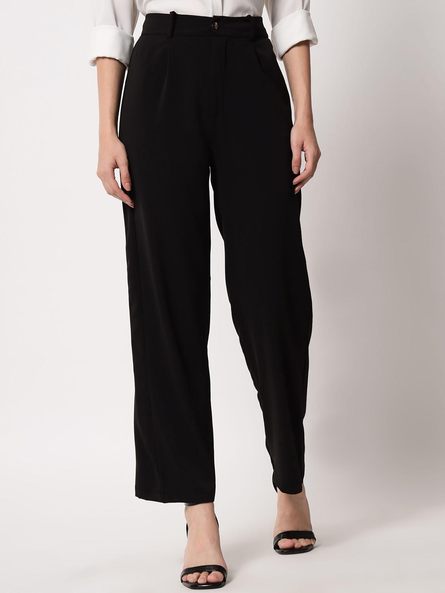 women solid polyester blend jade black trouser