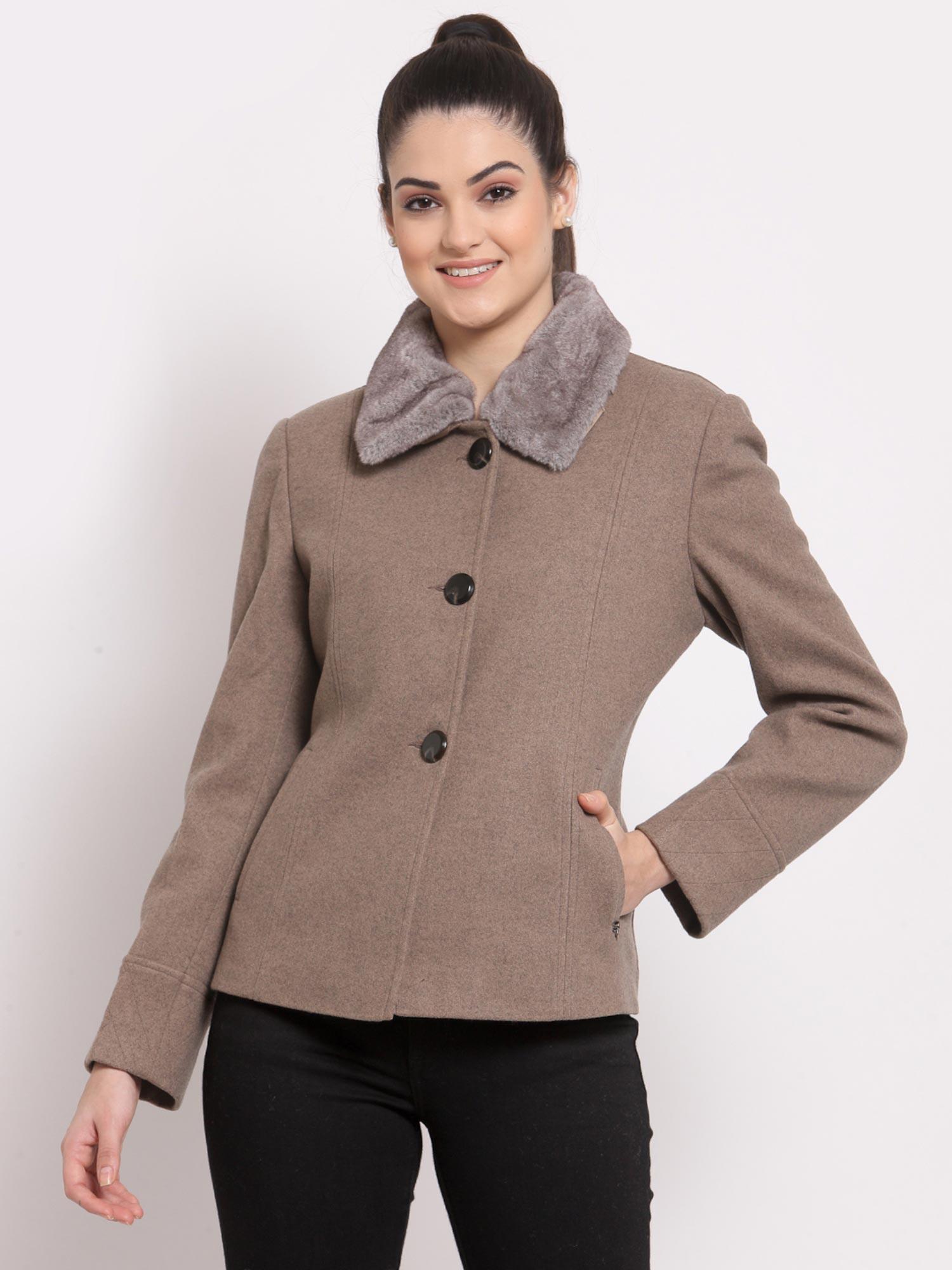 women solid polyester collar neck full sleeves brown short coat