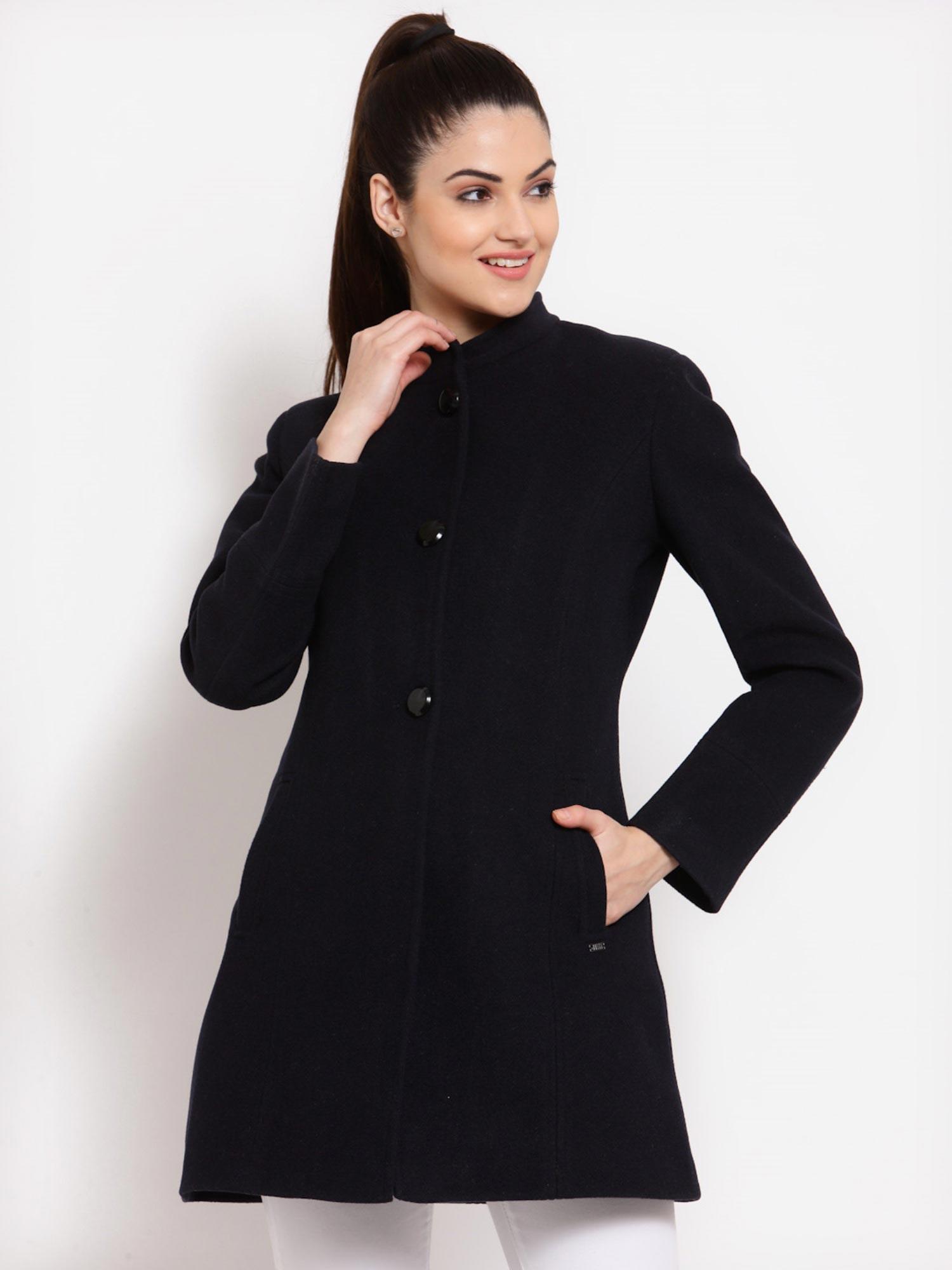 women solid polyester collar neck full sleeves navy blue long coat