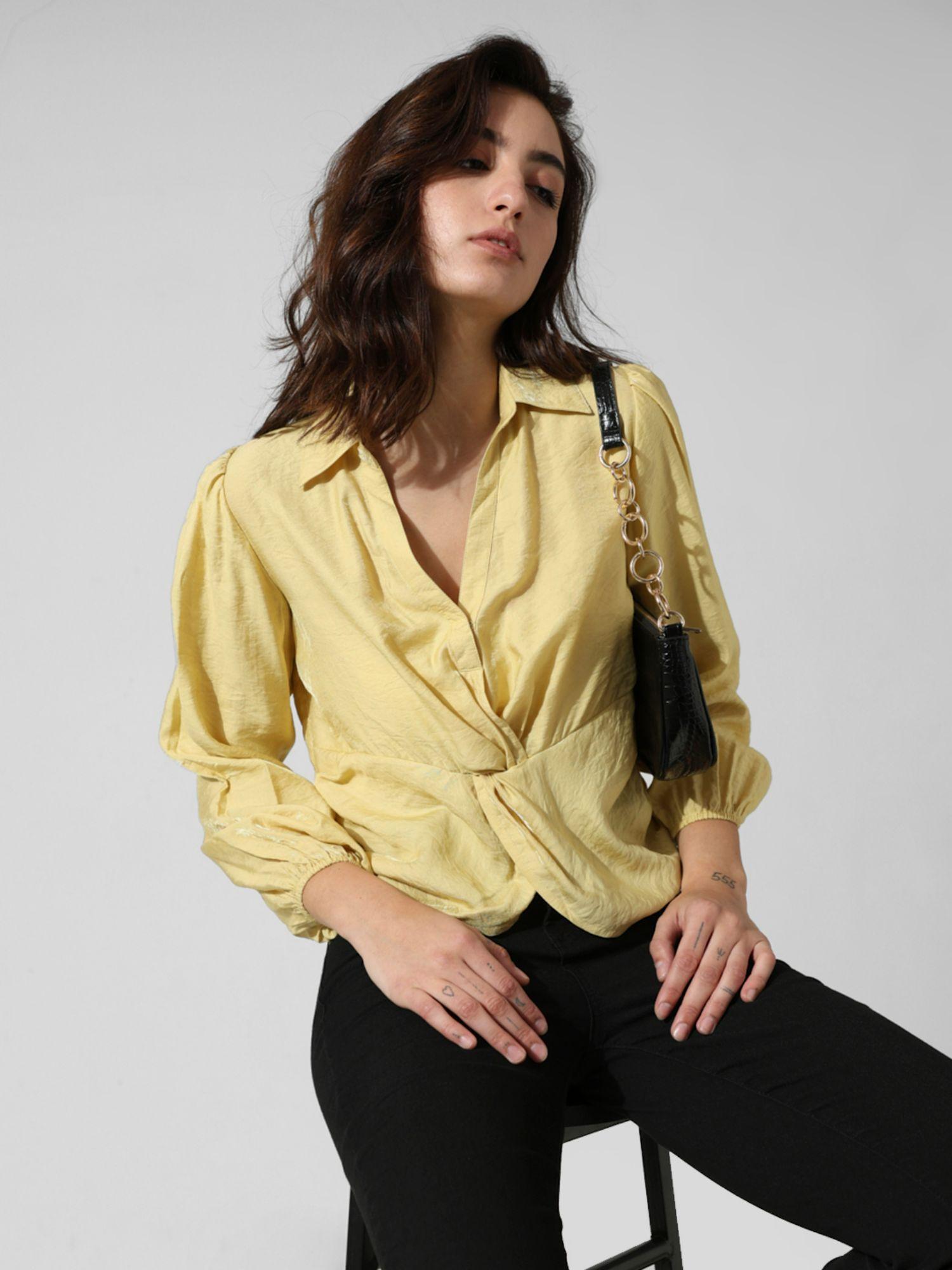 women solid polyester crop length yellow shirt