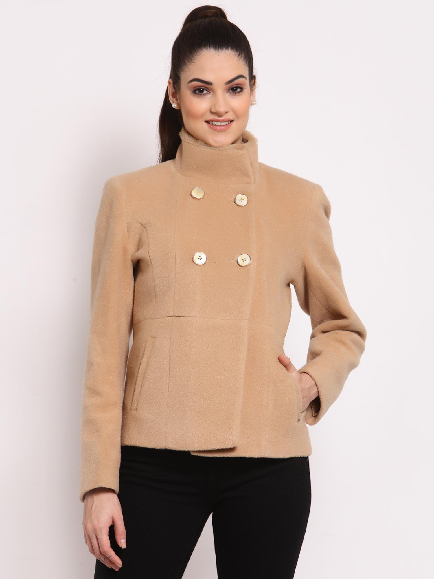 women solid polyester high neck full sleeves brown short coat