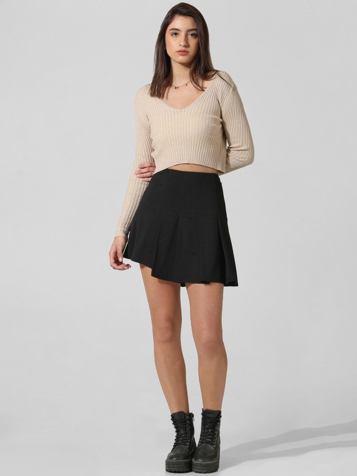 women solid polyester high rise black mini skirt