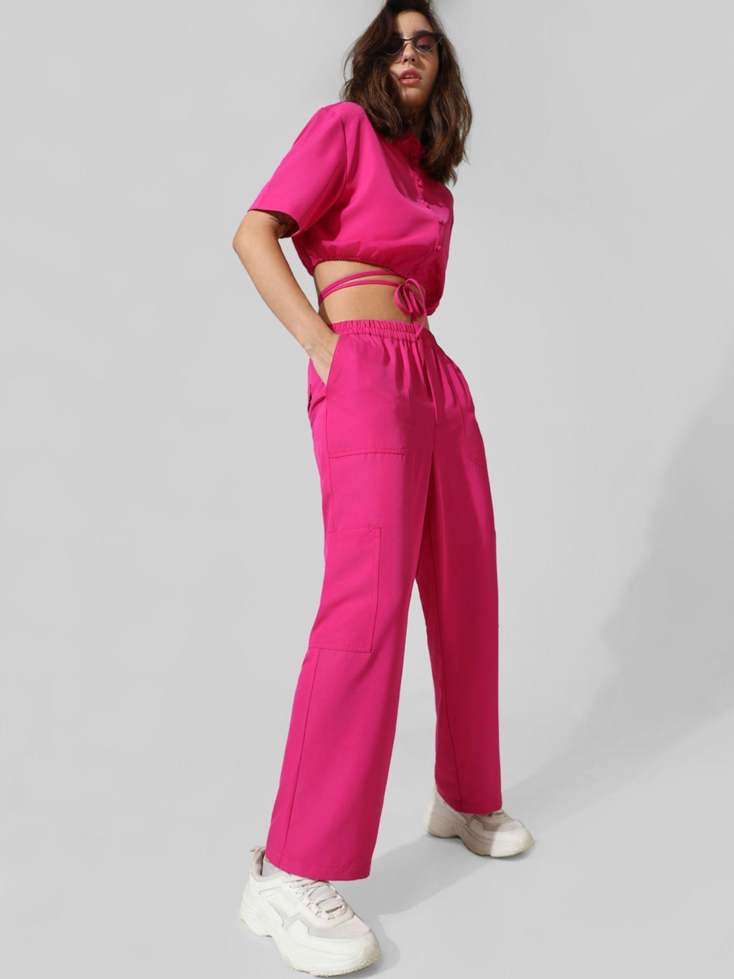 women solid polyester straight fit mid rise pink pant