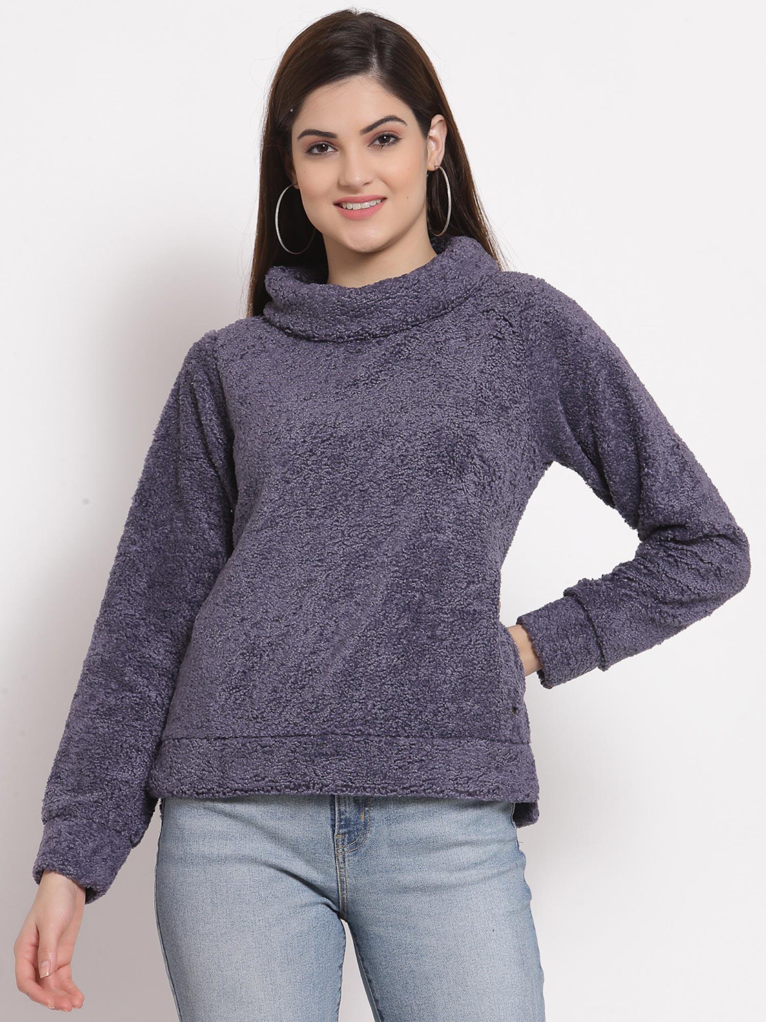 women solid polyester turtle neck full sleeves purple sweater