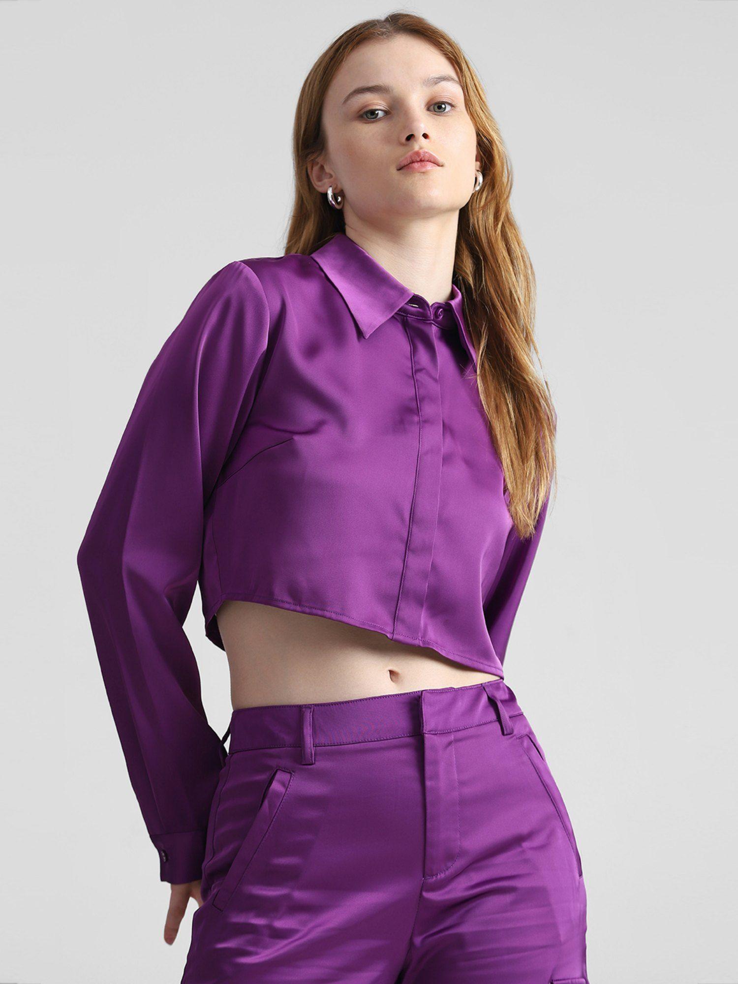 women solid purple crop shirt