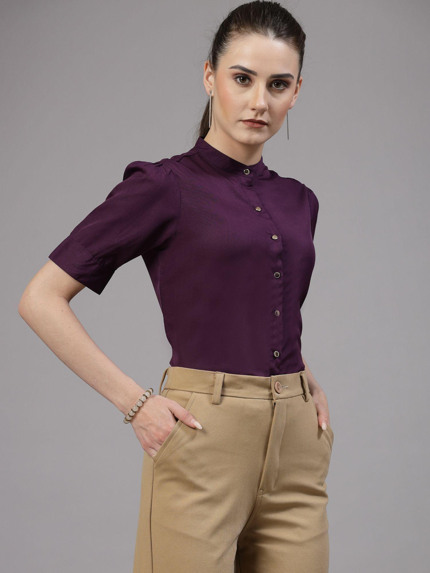 women solid purple polyester formal shirt