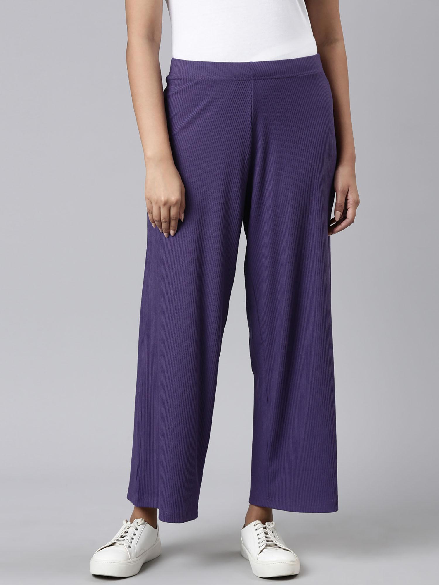 women solid purple ribbed palazzos