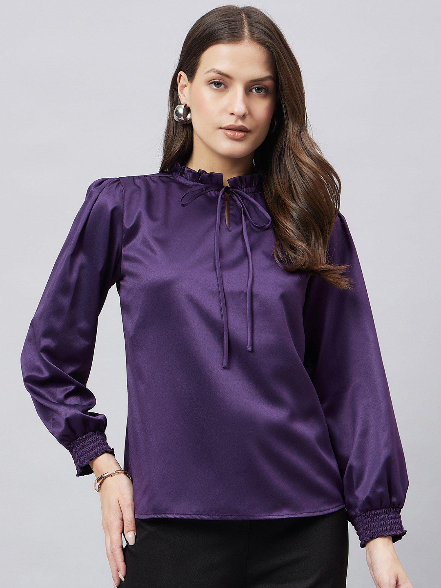 women solid purple satin party top