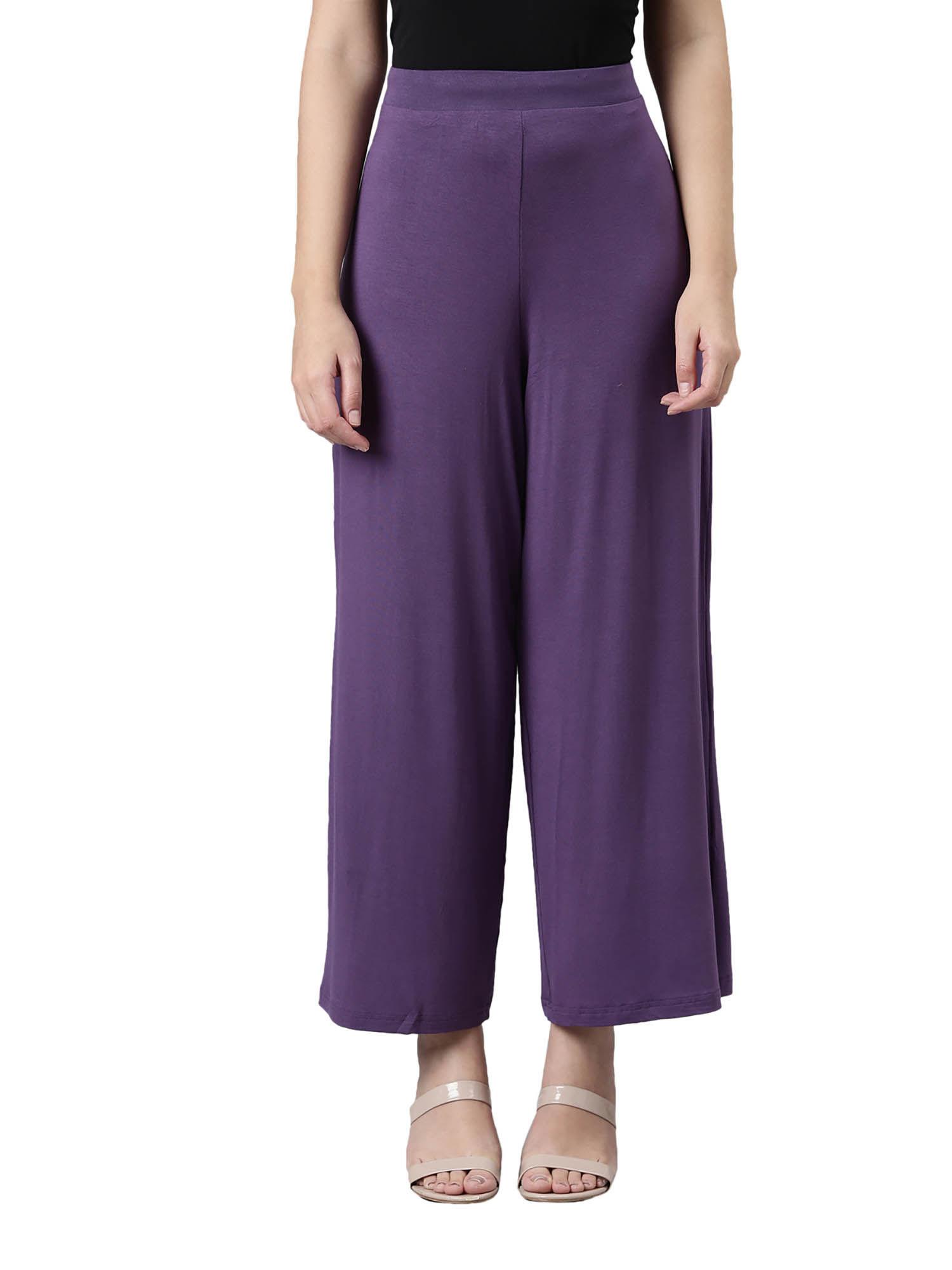 women solid purple viscose mid rise knit palazzo