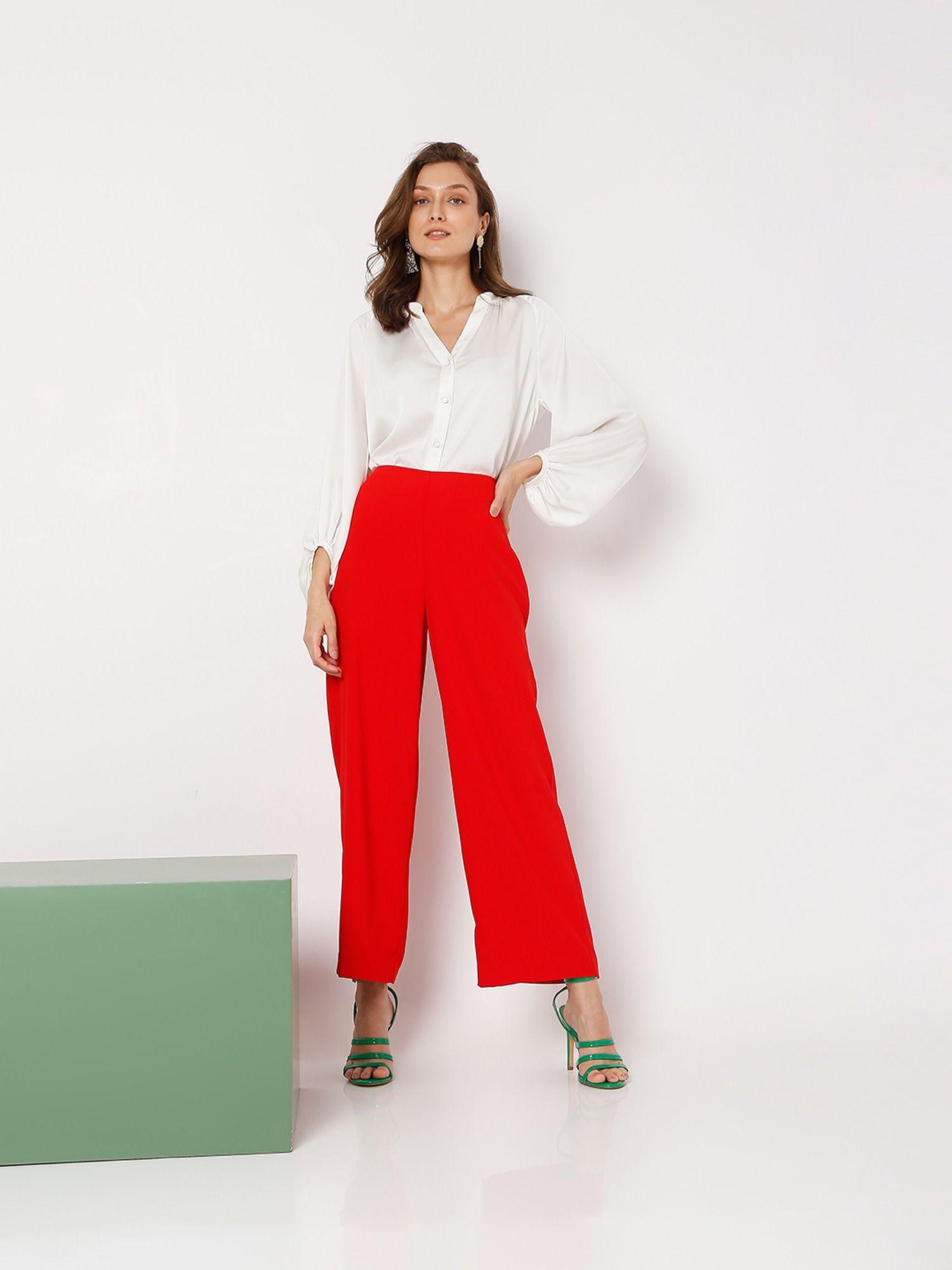 women solid red casual pants