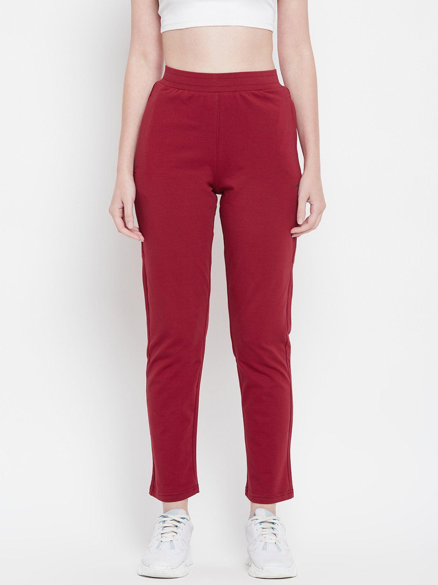 women solid red cotton elastane athleisure pant