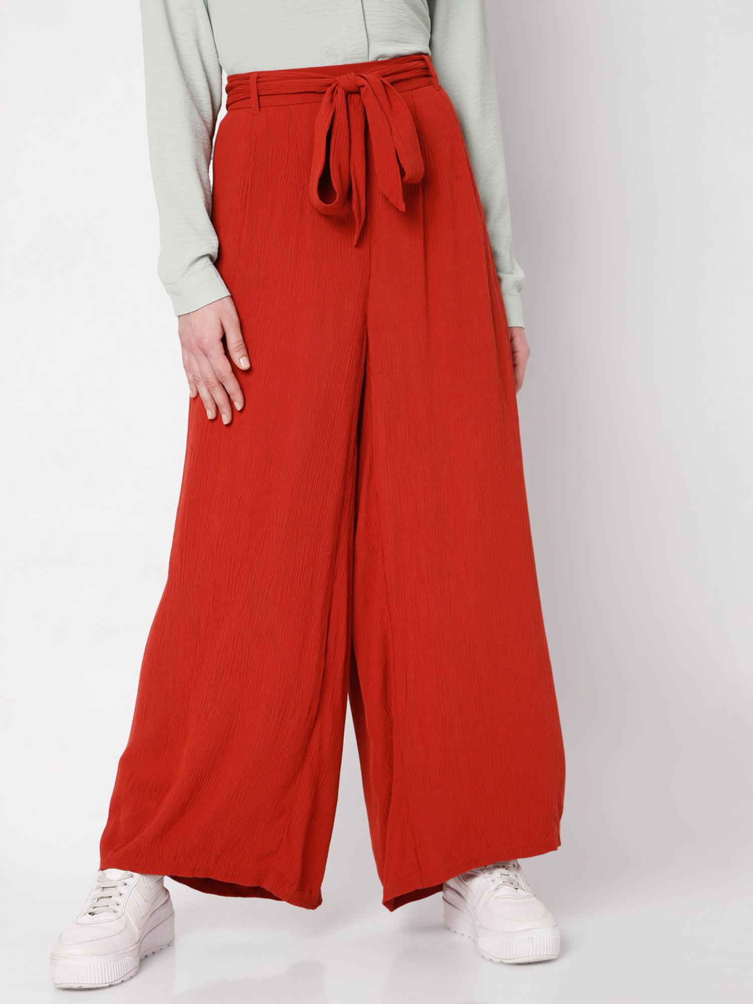 women solid red wide leg pants