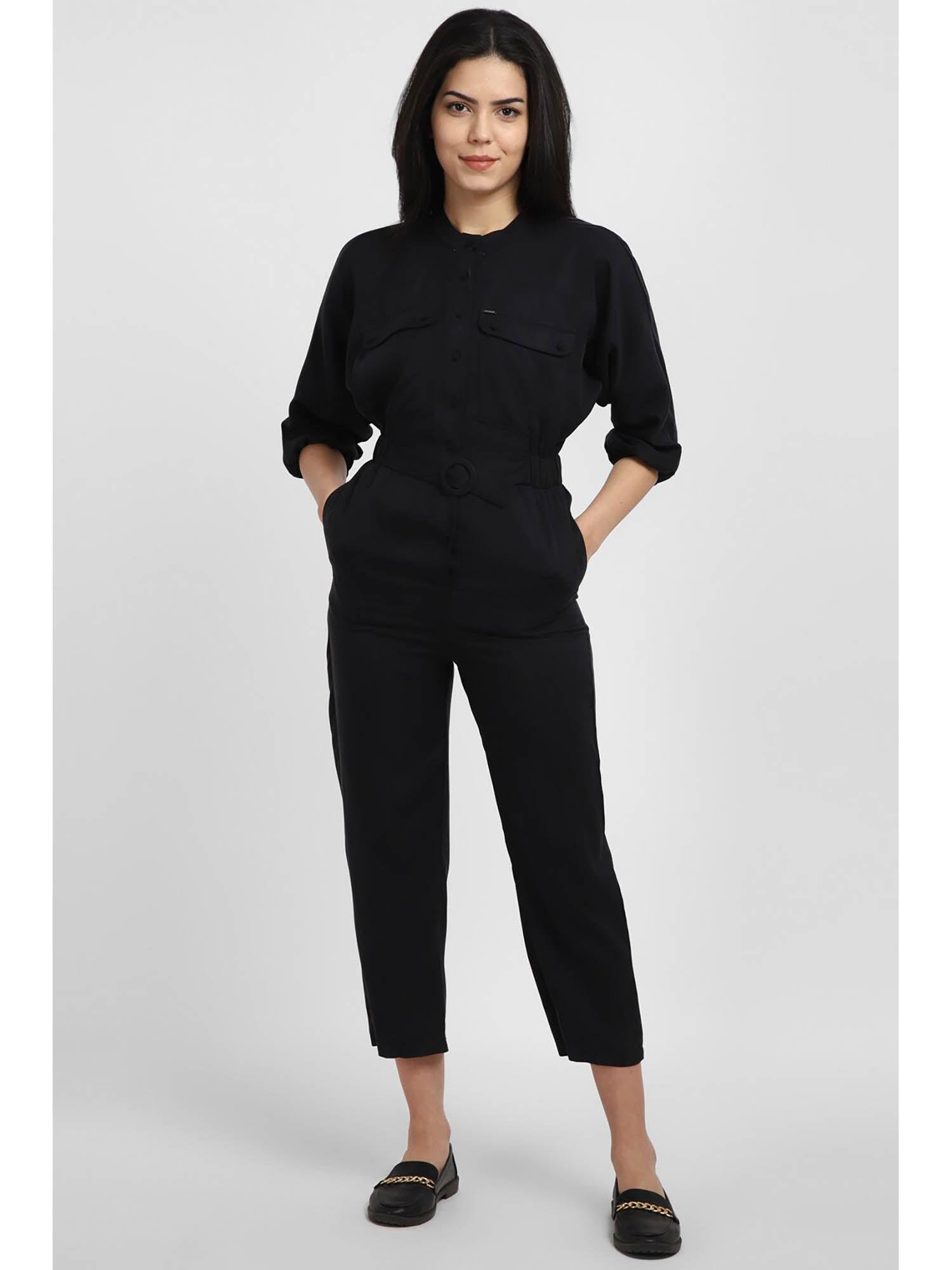 women solid regular fit black jumpsuit