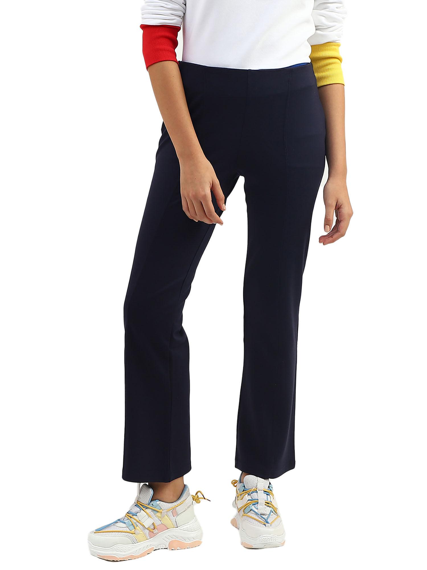 women solid regular fit trousers navy blue