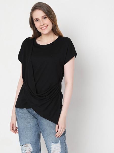 women solid round neck cotton blend black t-shirt