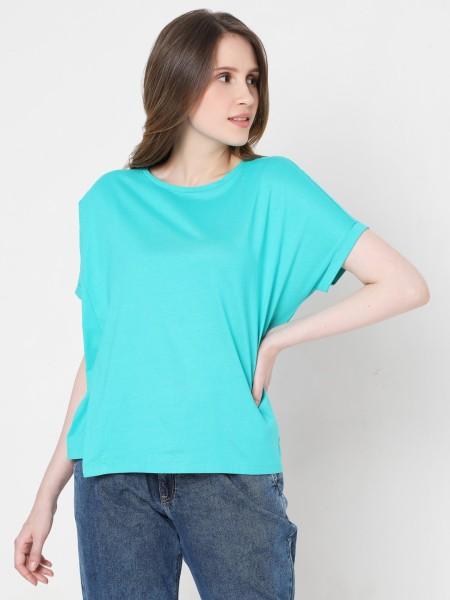 women solid round neck cotton blend blue t-shirt