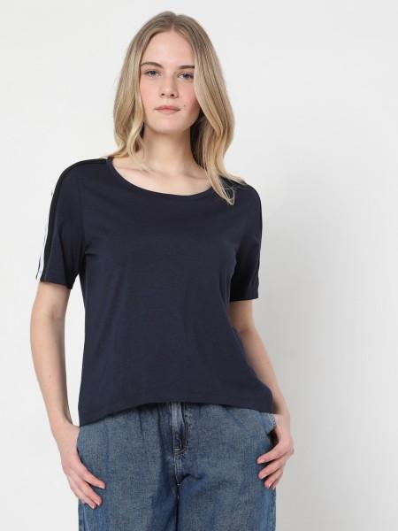 women solid round neck cotton blend dark blue t-shirt