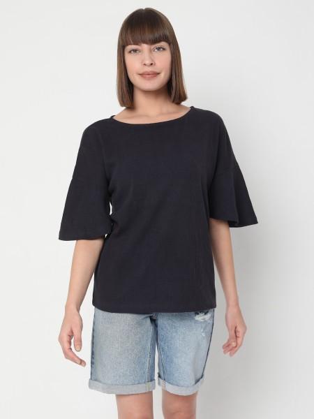 women solid round neck cotton blend dark blue t-shirt