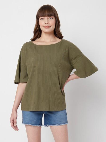 women solid round neck cotton blend green t-shirt