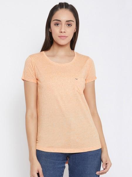 women solid round neck cotton blend orange t-shirt