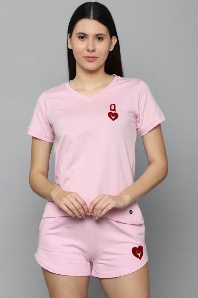 women solid round neck cotton blend pink t-shirt