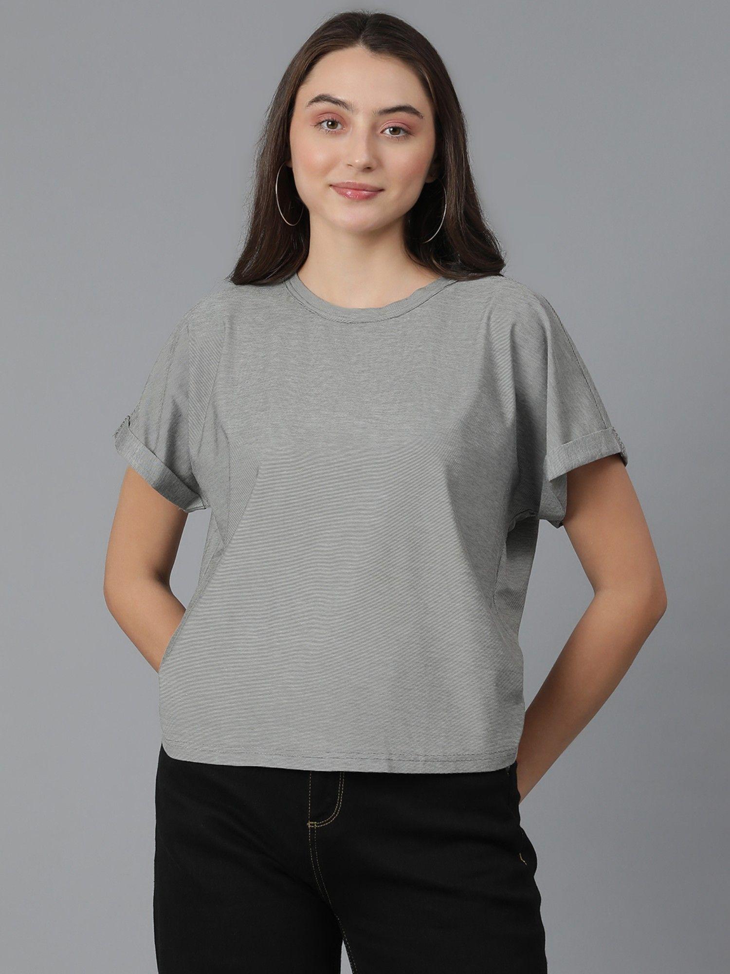 women solid round neck cotton blend short sleeve t-shirt-grey