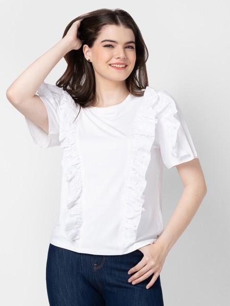 women solid round neck cotton blend white t-shirt