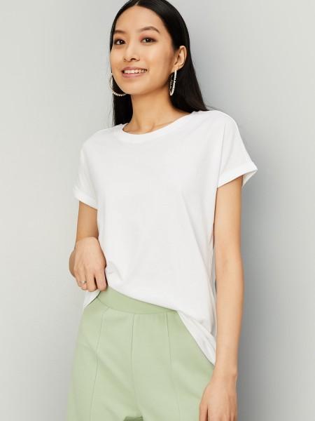 women solid round neck cotton blend white t-shirt