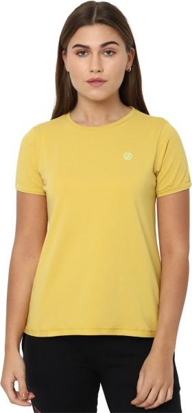 women solid round neck cotton blend yellow t-shirt