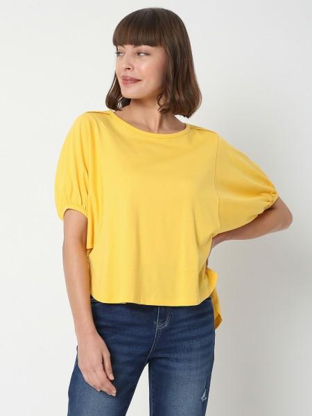 women solid round neck cotton blend yellow t-shirt