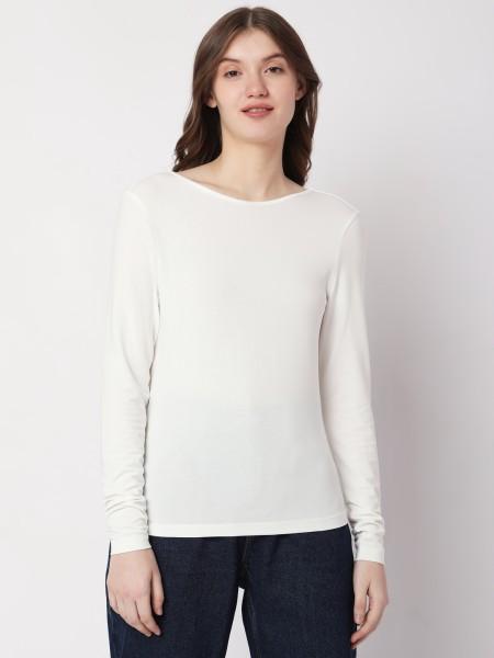 women solid round neck modal white t-shirt